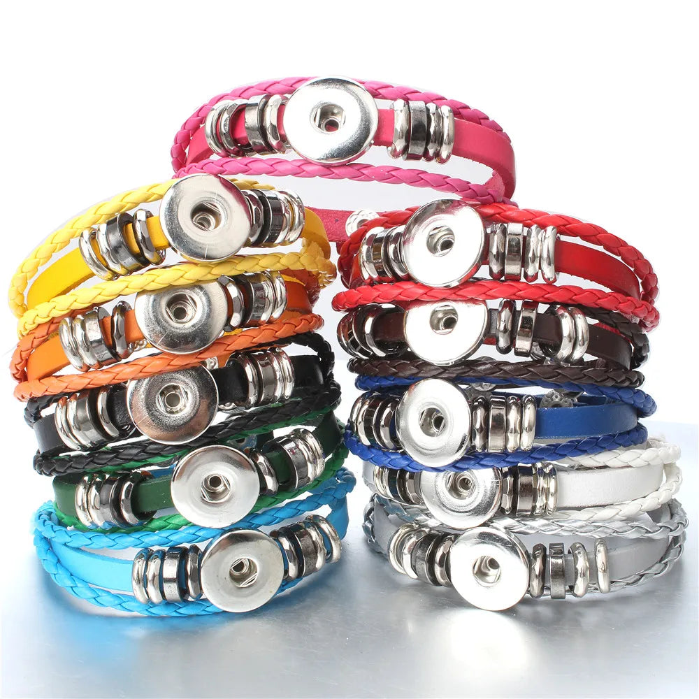 Snap Leather Bracelet Retro Handmade Braided Leather Button Snap Bangles fit 18MM