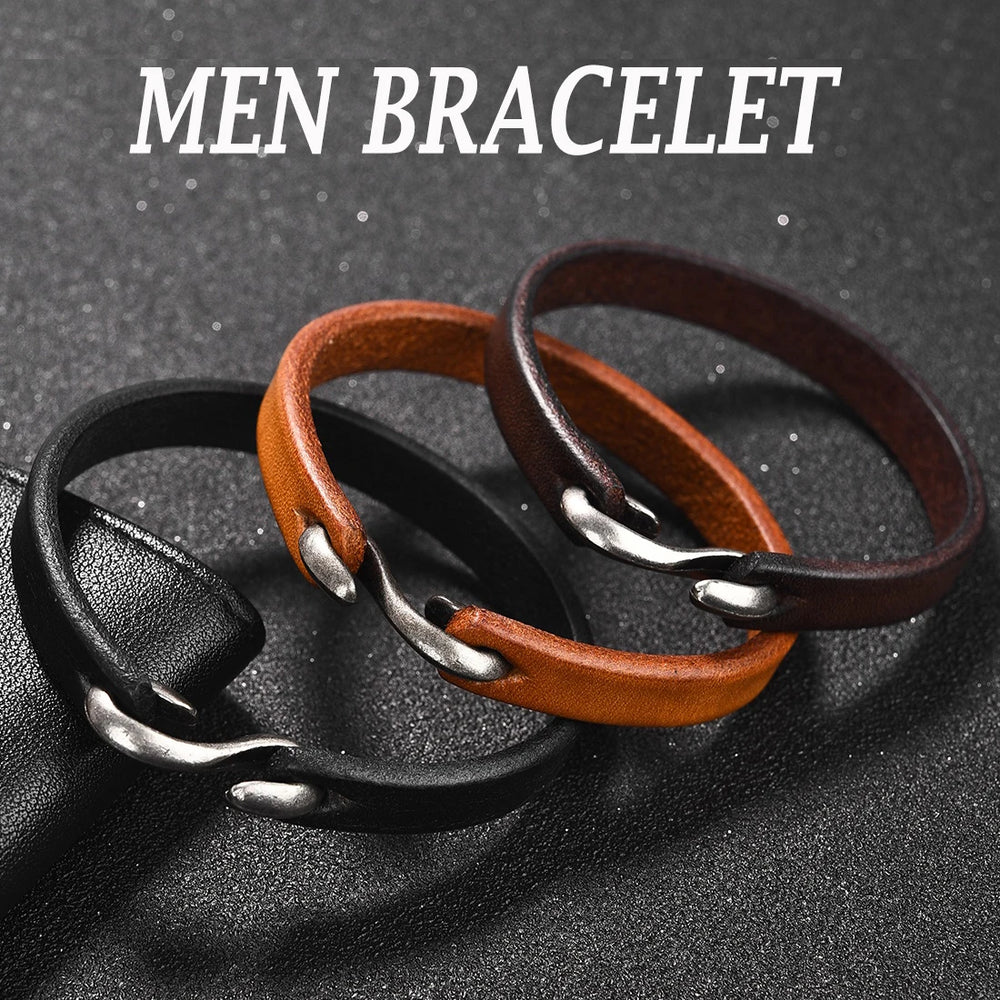 Fashion American Retro Leather Bracelet Classic S Shape Clasp Stainless Steel.