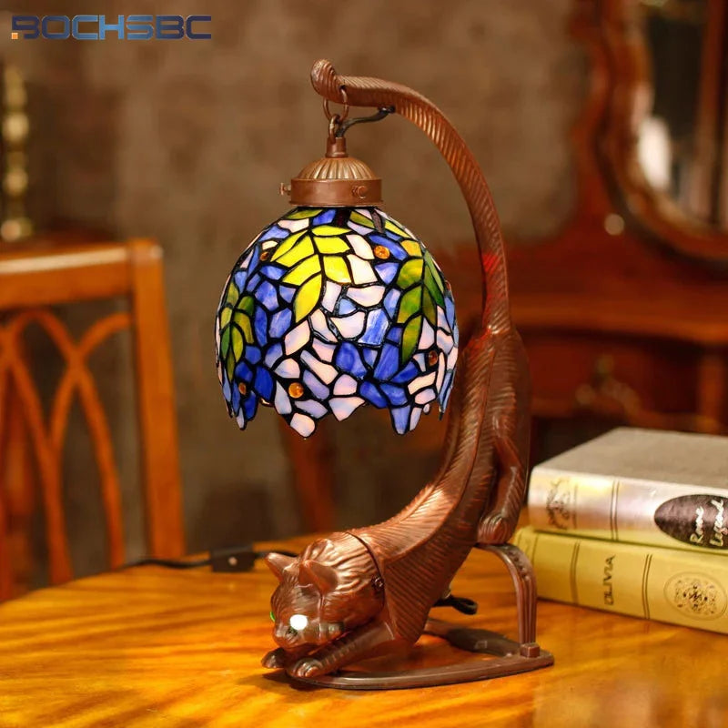 Tiffany Retro Cat Stand Table Lamp-Stained Glass Grape Wisteria Lampshade.