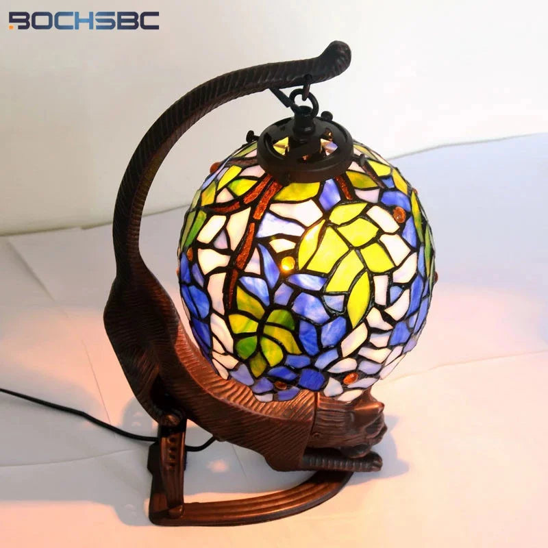 Tiffany Retro Cat Stand Table Lamp-Stained Glass Grape Wisteria Lampshade.