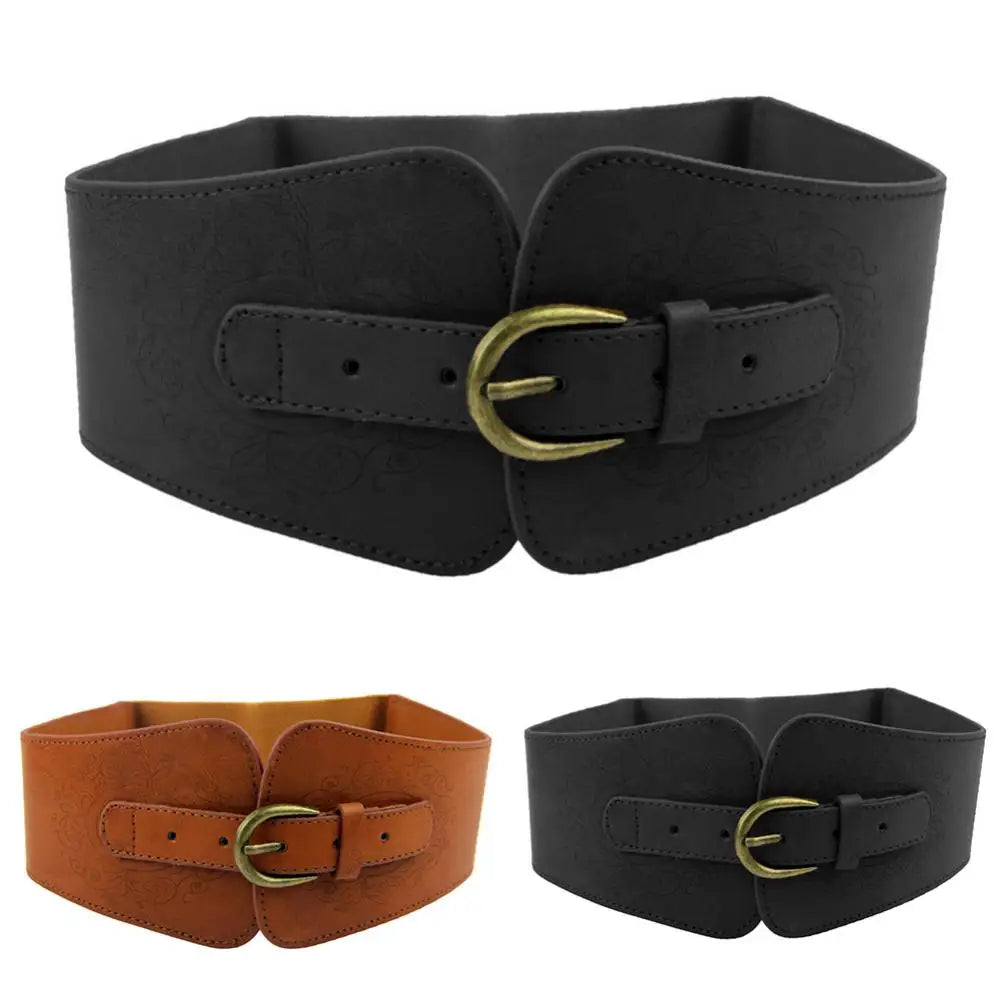 Wide Belt Strap Faux Leather Elastic Solid Color Vintage Women Buckle Waistband