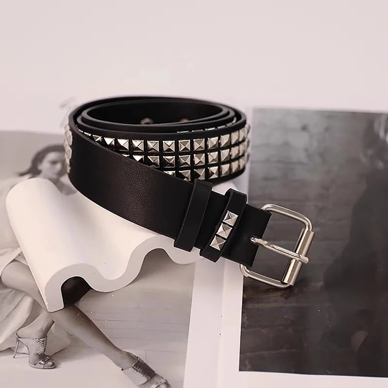 Trendy Square Bead Rivet Belt Metal Pyramid Waistband Unisex Belts