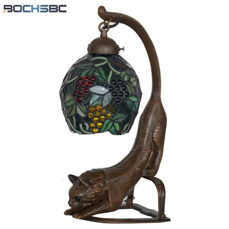 Tiffany Retro Cat Stand Table Lamp-Stained Glass Grape Wisteria Lampshade.