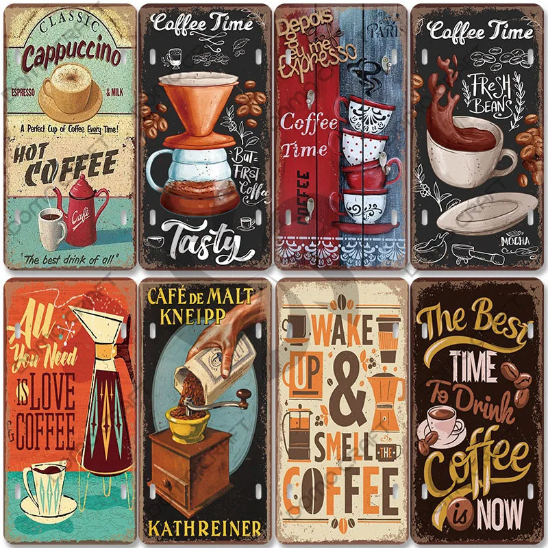 Coffee Poster Vintage Metal Tin Signs Cappuccino Coffee Bean Cup Wall Decor