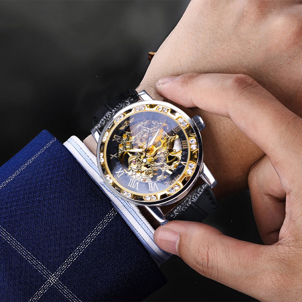 Black Golden Retro Luminous Hands Diamond Display Mechanical Skeleton Wrist Watches