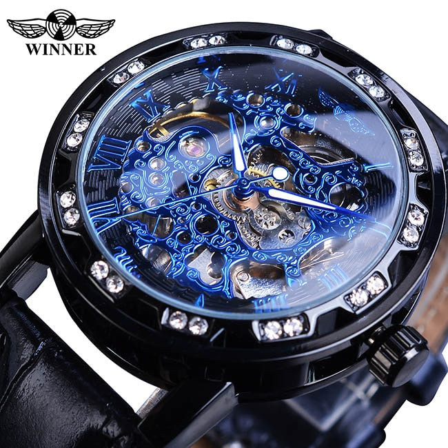 Black Golden Retro Luminous Hands Diamond Display Mechanical Skeleton Wrist Watches