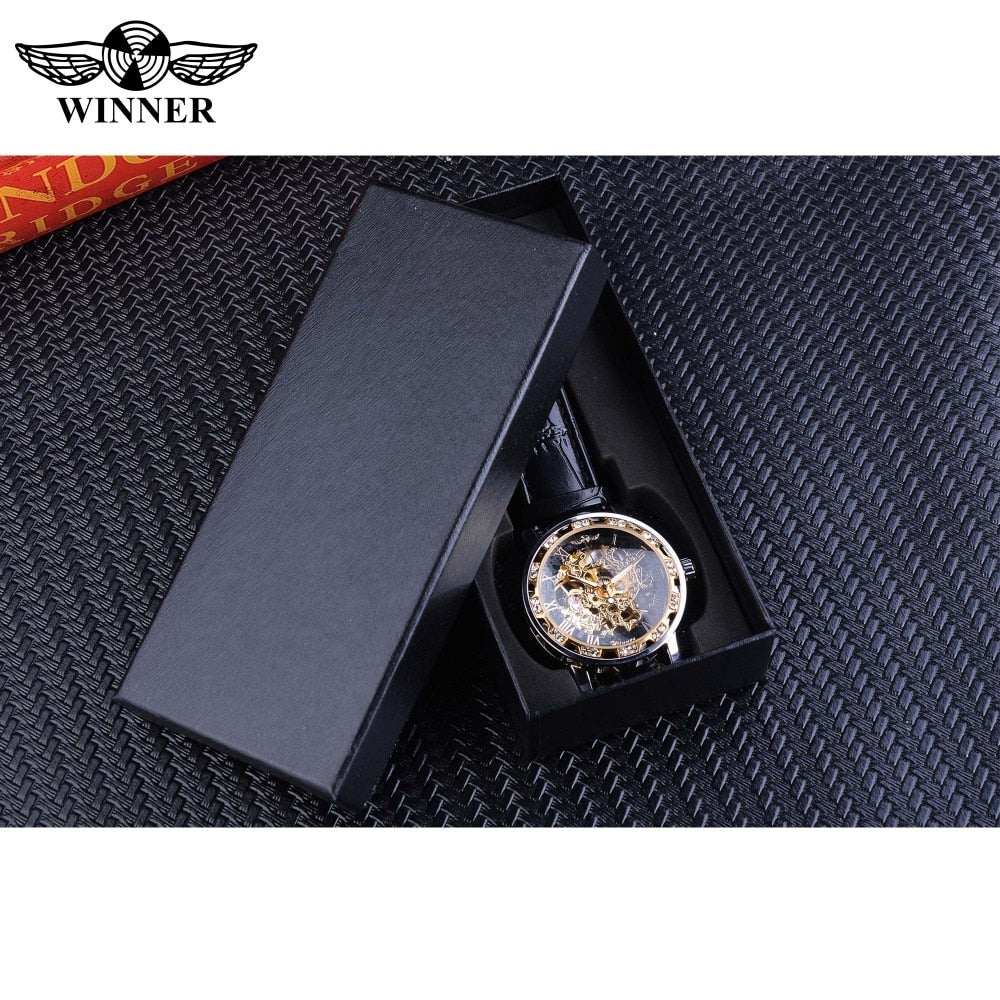 Black Golden Retro Luminous Hands Diamond Display Mechanical Skeleton Wrist Watches