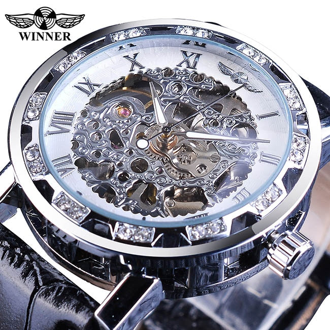 Black Golden Retro Luminous Hands Diamond Display Mechanical Skeleton Wrist Watches