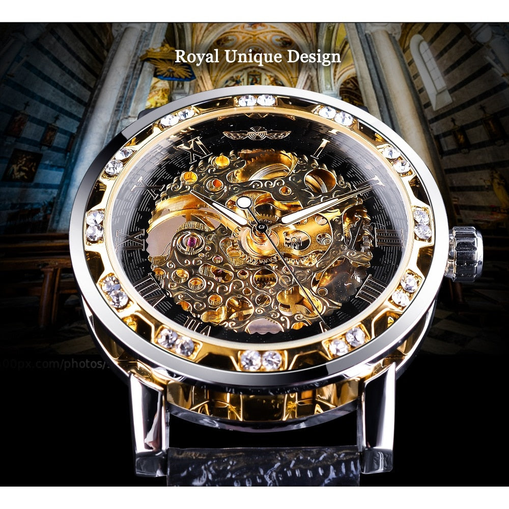 Black Golden Retro Luminous Hands Diamond Display Mechanical Skeleton Wrist Watches