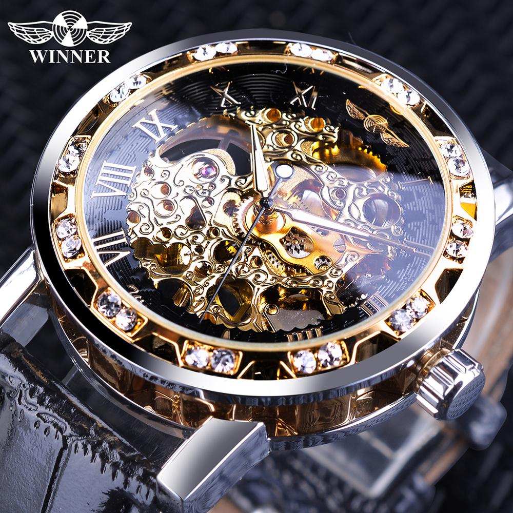 Black Golden Retro Luminous Hands Diamond Display Mechanical Skeleton Wrist Watches