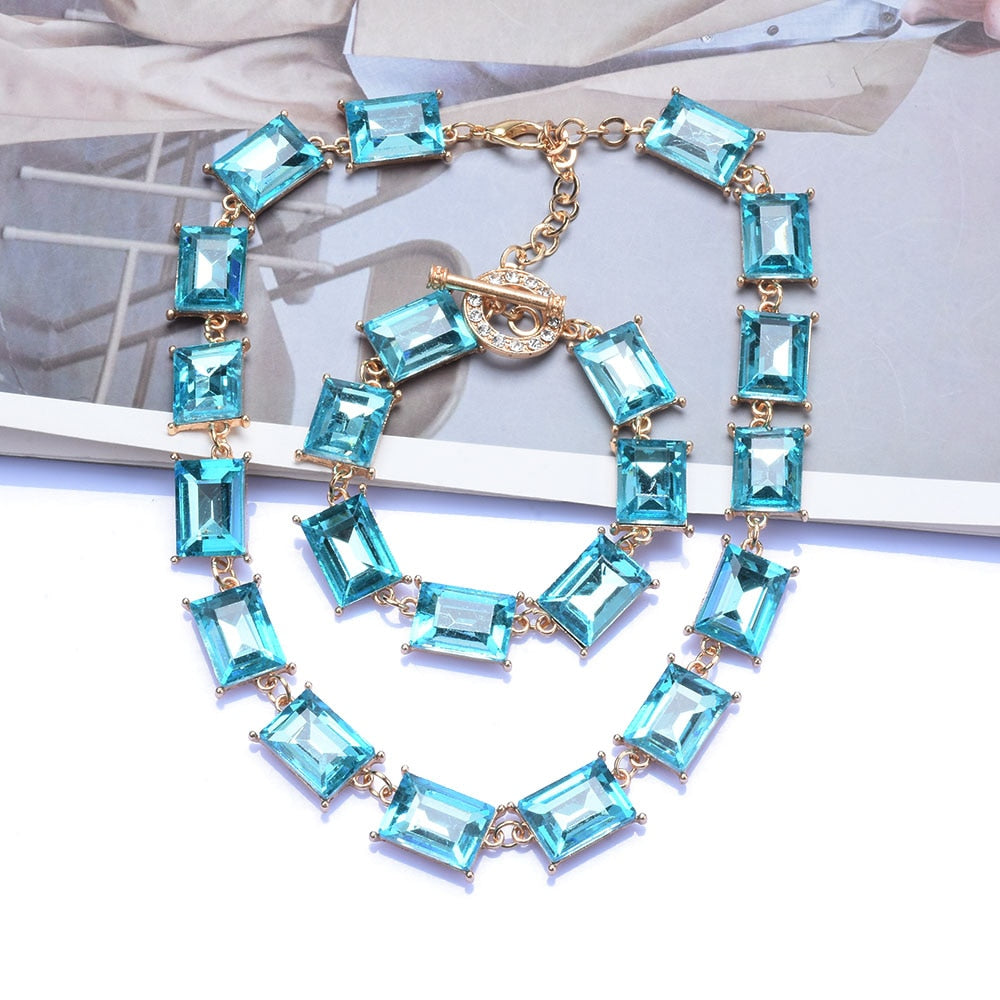 Blue Square Glass Crystal Choker Necklace