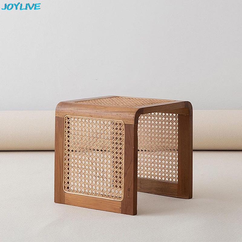 JOYLIVE Rattan Small Square Table Solid Wood Coffee Table Ash Wood Minimalist Table Japanese Side Table