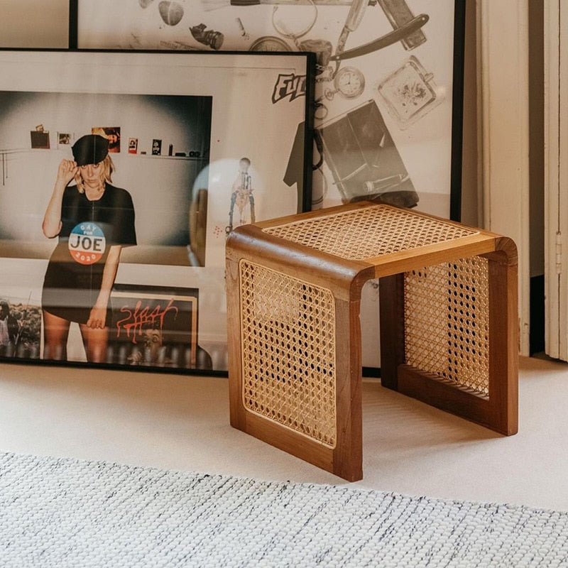 JOYLIVE Rattan Small Square Table Solid Wood Coffee Table Ash Wood Minimalist Table Japanese Side Table