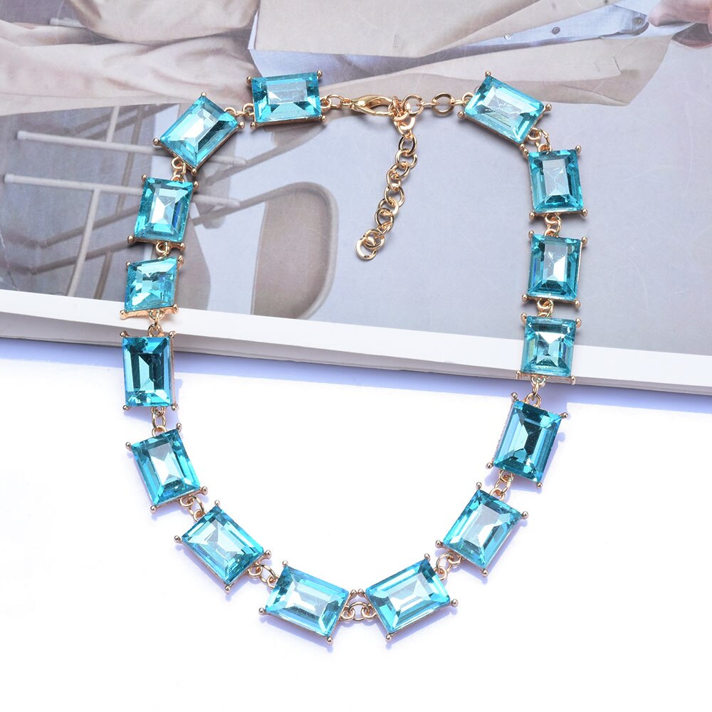 Blue Square Glass Crystal Choker Necklace