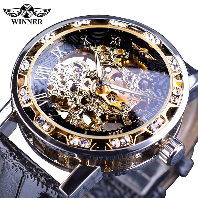 Black Golden Retro Luminous Hands Diamond Display Mechanical Skeleton Wrist Watches