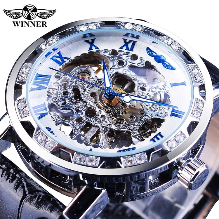 Black Golden Retro Luminous Hands Diamond Display Mechanical Skeleton Wrist Watches