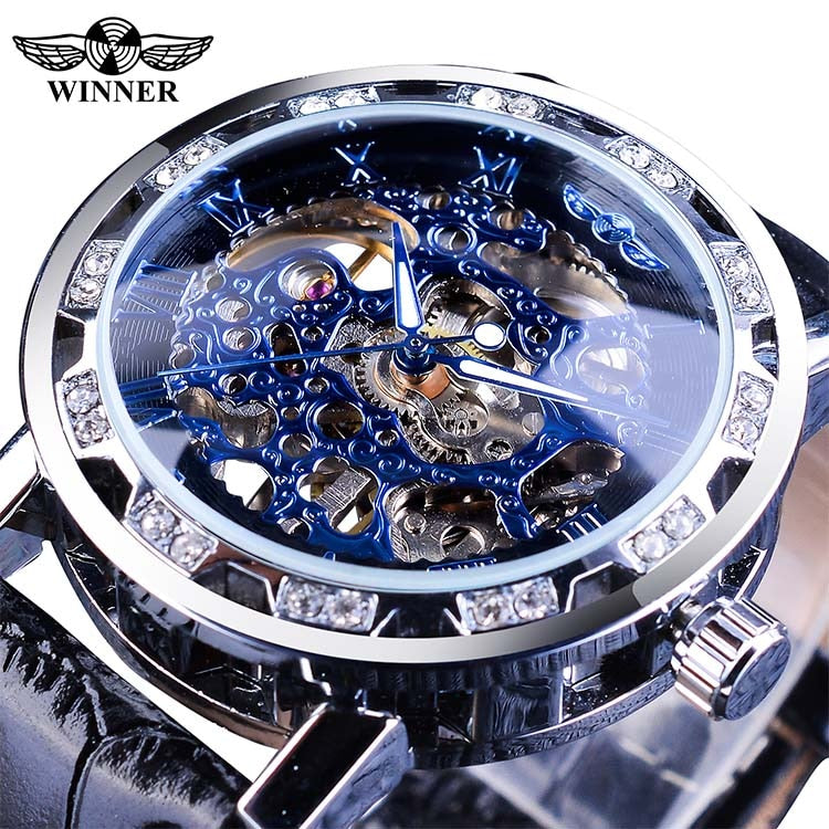 Black Golden Retro Luminous Hands Diamond Display Mechanical Skeleton Wrist Watches