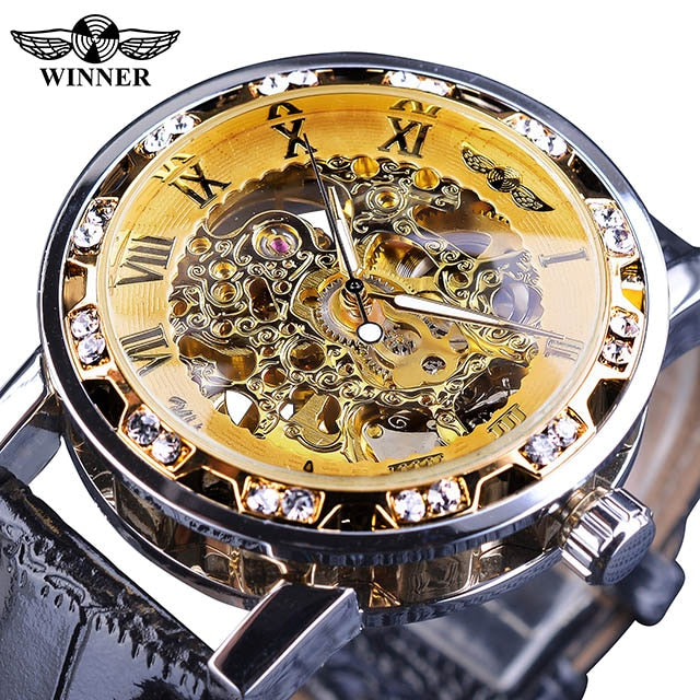 Black Golden Retro Luminous Hands Diamond Display Mechanical Skeleton Wrist Watches